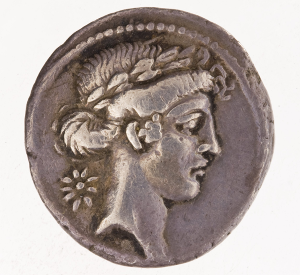 While all of the issues show a laureate portrait of Apollo on the Obverse, the object within the field varies, deliberately chosen to mirror the Muse on the Reverse: here for Urania, Muse of Astronomy, a star.Image: RRC 410/8; ANS 2002.46.447. Link -  http://numismatics.org/crro/id/rrc-410.8