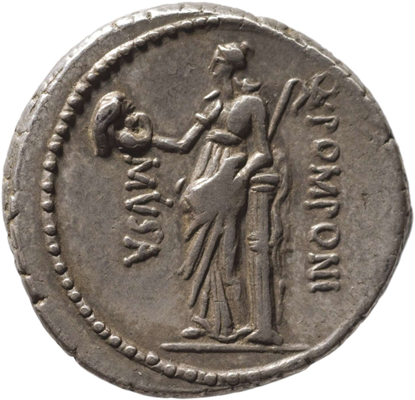 Perhaps my favourite from the series is the issue for Thalia, Muse of Comedy, who stands on the Reverse carrying a comedic theatrical mask and shepherd’s staff (pedum).Image: RRC 410/9a; Münzkabinett Wien (RÖ 37821). Link -  http://numismatics.org/crro/id/rrc-410.9a