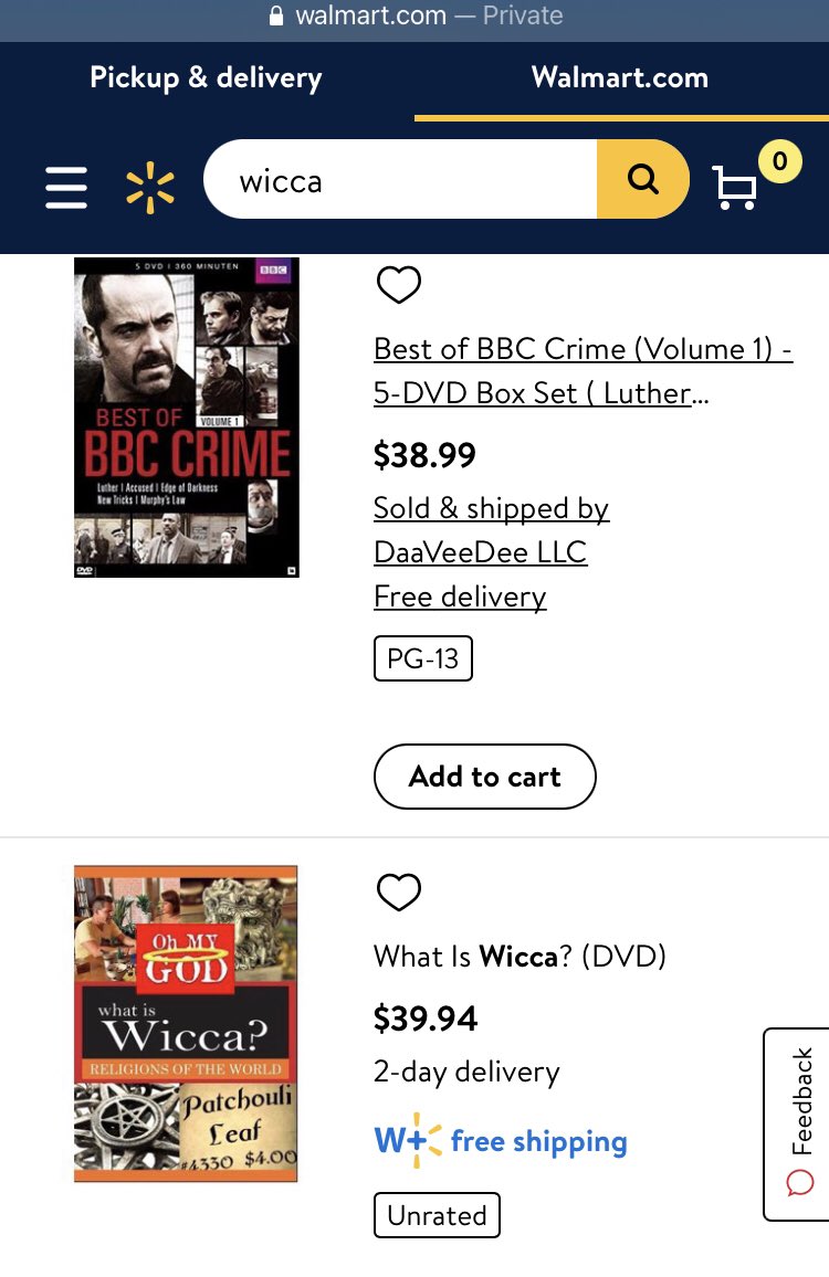  http://Walmart.com  search: “Wicca,” 1,000+ hits, but to break it down further, 271 in personal care (mostly oils), 59 in Jewelry, 2 in movies , and effectively the entire rest in books, largely of an inspirational sort for Witches.