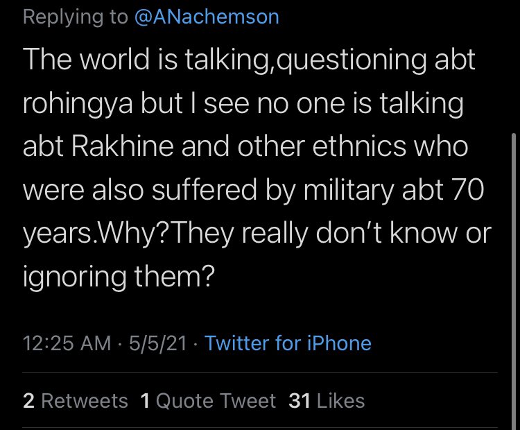 Whenever I post about the Rohingya, I get these kind of responses. I wanted to address it, because it’s a complete lie. (I also suspect they don’t care about other ethnic minorities, they are just trying shut down conversation about Rohingya)