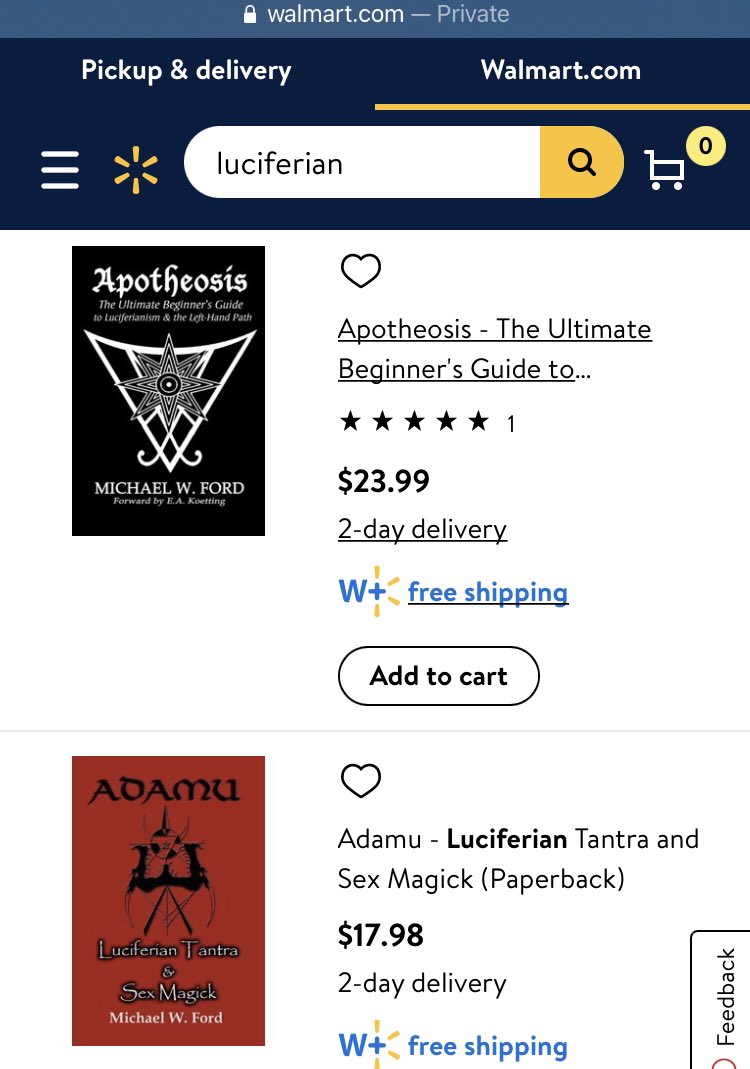  http://Walmart.com  search: “Luciferian,” 30 hits. This seems to be a word applied to conspiracy theorists to describe their NWO fears, including those of Katy Perry? Also a few works of magical instruction, as well as some metal on vinyl.