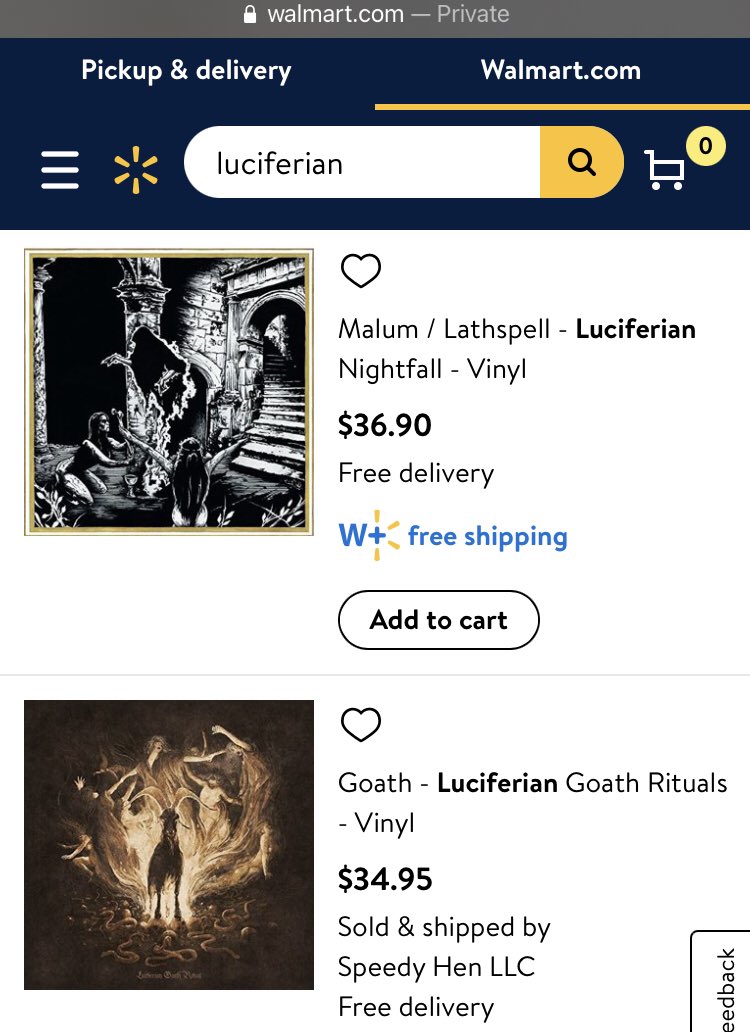  http://Walmart.com  search: “Luciferian,” 30 hits. This seems to be a word applied to conspiracy theorists to describe their NWO fears, including those of Katy Perry? Also a few works of magical instruction, as well as some metal on vinyl.