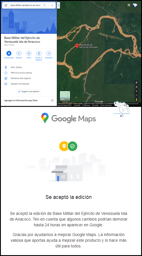 AntroCanal's tweet photo. ¡Lo Logramos Venezuela! Google Maps incluyó la Base Militar del Ejército de Venezuela en la zona oriental de la Isla de Anacoco, zona que Guyana considera como suya y, según el límite de facto, está en el Territorio Esequibo https://t.co/27H141ARBJ Sigamos el Camino! #MiMapa https://t.co/KFbCHlMJad