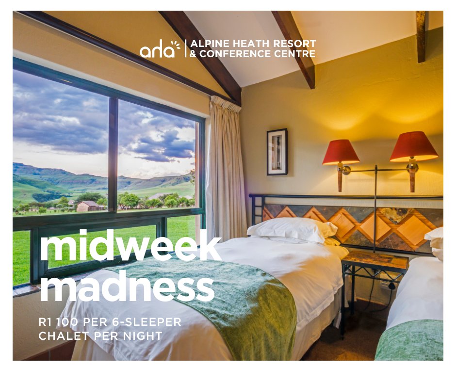 AlpineHeathR's tweet photo. Book your Mid-Week Stay for only R1 100 per 6-sleeper chalet per night

T’s &amp; C’s Apply | https://t.co/yM4nKzG339

#alpineheathresort #drakensberg #stayaha #relax https://t.co/CVQK9HG6k0