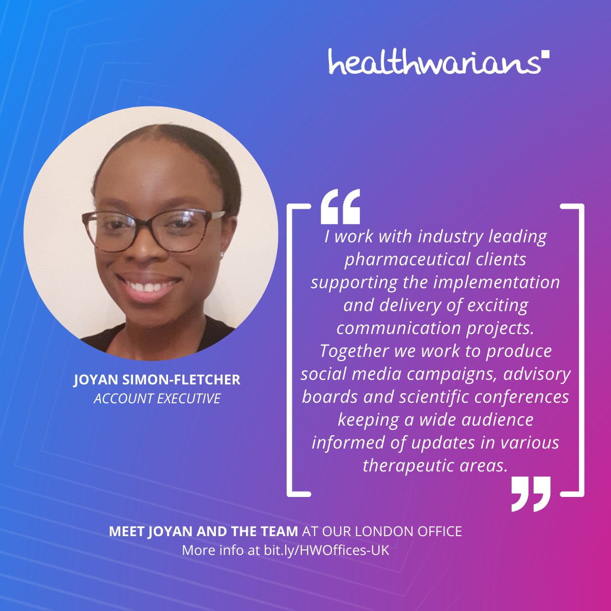 healthware_intl's tweet photo. Say hello to Account Executive Joyan Simon-Fletcher from our UK office. 
And if innovation, digital health and making the world better are your thing, let’s talk!  
#healthware #healthwarians #onehealthware #UKteam #digitalhealth #pharma #biotech #medcomms #innovation https://t.co/rQdAmTkx6a