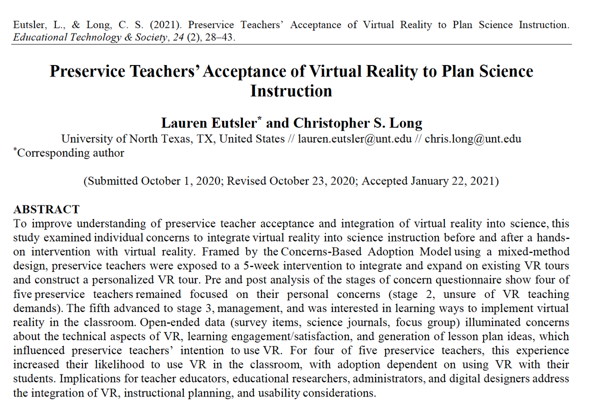 Congratulations to #UNTedu's @laureneutsler & @DrLong_UNT on their new publication, 'Preservice Teachers’ Acceptance of Virtual Reality to Plan Science Instruction.' You can read the open access article here: j-ets.net/collection/pub… #UNTproud
