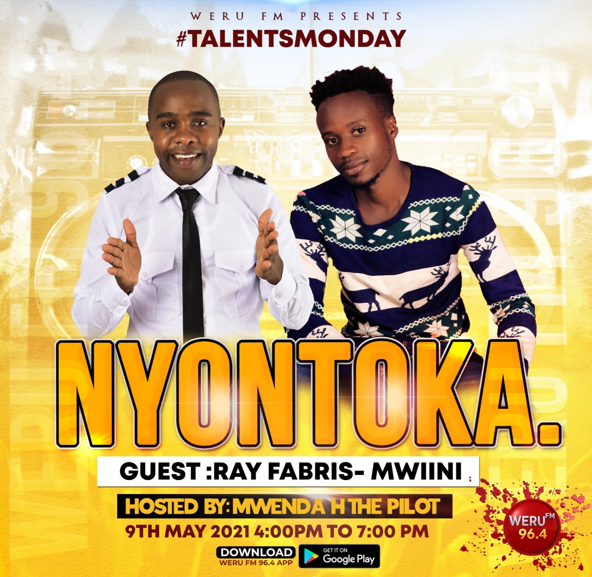 Good morning. Don't miss this today on #TalentsMonday
#WeruFM96point4
#nyontokadrive
Stream live also on werufm.co.me
Or download Weru FM app from your Google play store.