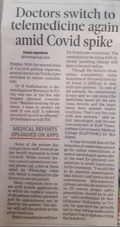 drmaaleem's tweet photo. "Doctors switch To #Telemedicine Again Amid #COVID Spike " by Gokul Rajendran @GokulrTOI in Trichy Times of India @timesofindia on 10.05.2021 with comment on #Teleconsulation in #Neurology  by M.A.Aleem Neurologist  #Trichy #Tamilnadu #India https://t.co/0XG4HUr93r