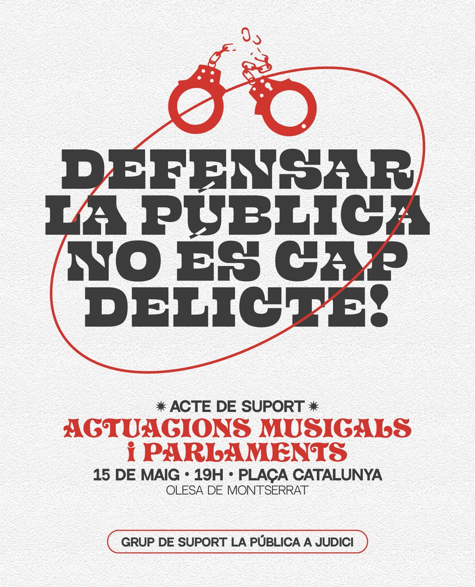 MovemOlesa's tweet photo. Acte suport a Ana i Alba, 2 olesanes a qui, amb 11 companyes +, demanen 111 anys d presó i + d 140.000€ x manifestar-se x la rebaixa d les taxes universitàries
📅 Dissabte 15 d maig
🕖 7 d la tarda
📍 Pl. Catalunya -Olesa d Montserrat
🔴 DEFENSAR LA PÚBLICA NO ÉS CAP DELICTE!🔴 https://t.co/oK9p4pxWe0
