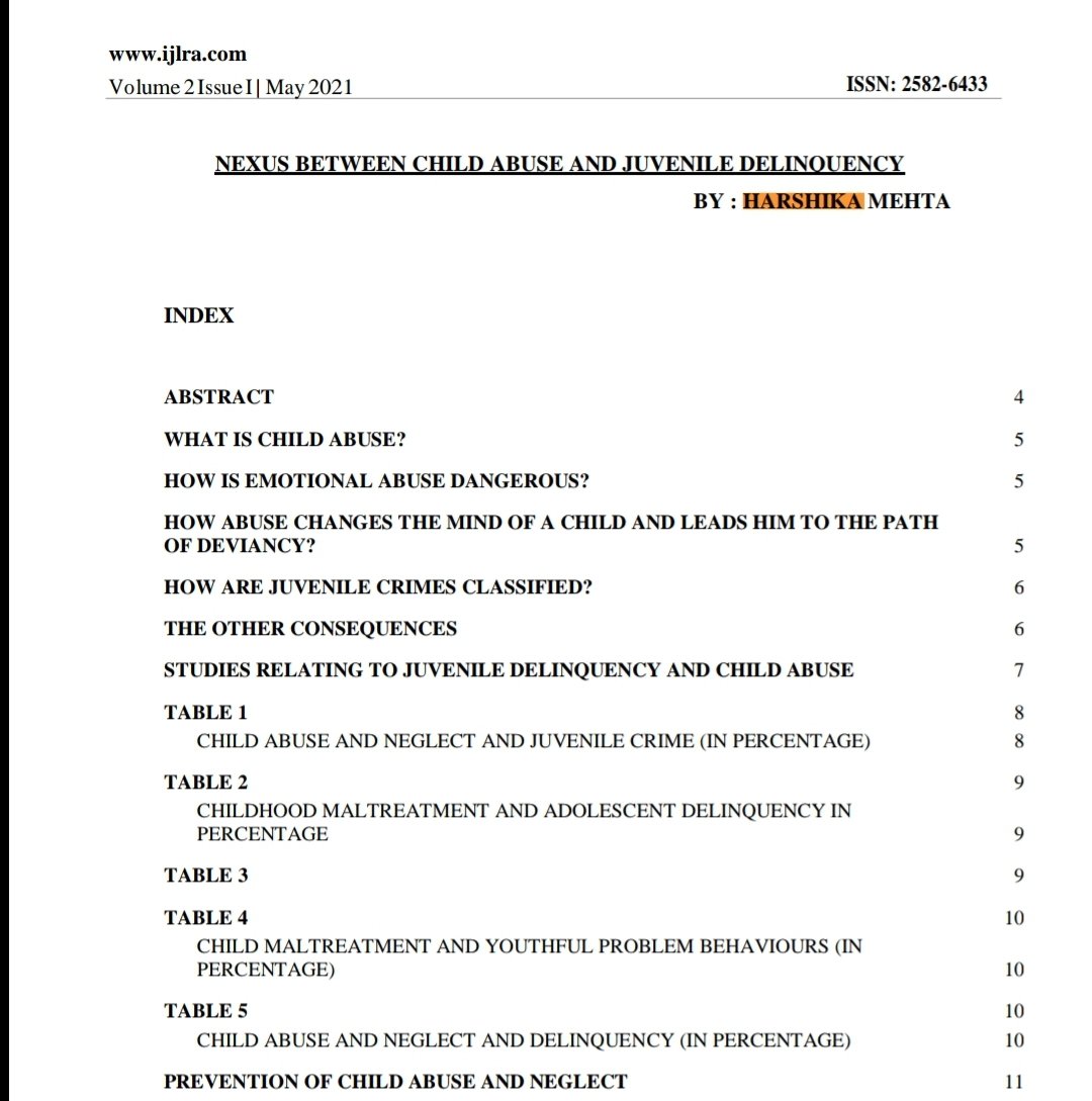 UWSLINDIA's tweet photo. #StudentHighlight 》The research paper 'Nexus between Child Abuse and Juvenile Delinquency' authored by Harshika Mehta , a 6th Semester #BBA_LLB student from #UWSL, @karnavati_uni, has been published in the International Journal for Legal Research and Analysis ISSN [2582-6433]. https://t.co/uUH7dFzgX4