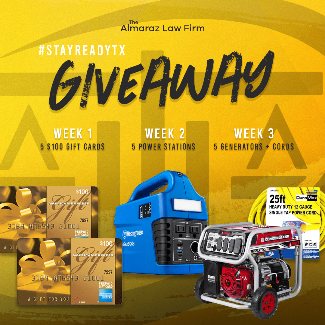 s8r8l33's tweet photo. The Almaraz Law Firm is giving away gift cards, power stations, and generators to the local community. Sign up for the #StayReadyTX Giveaway! https://t.co/Zfxs5fxxJz 5/26 https://t.co/J388tDcBUx