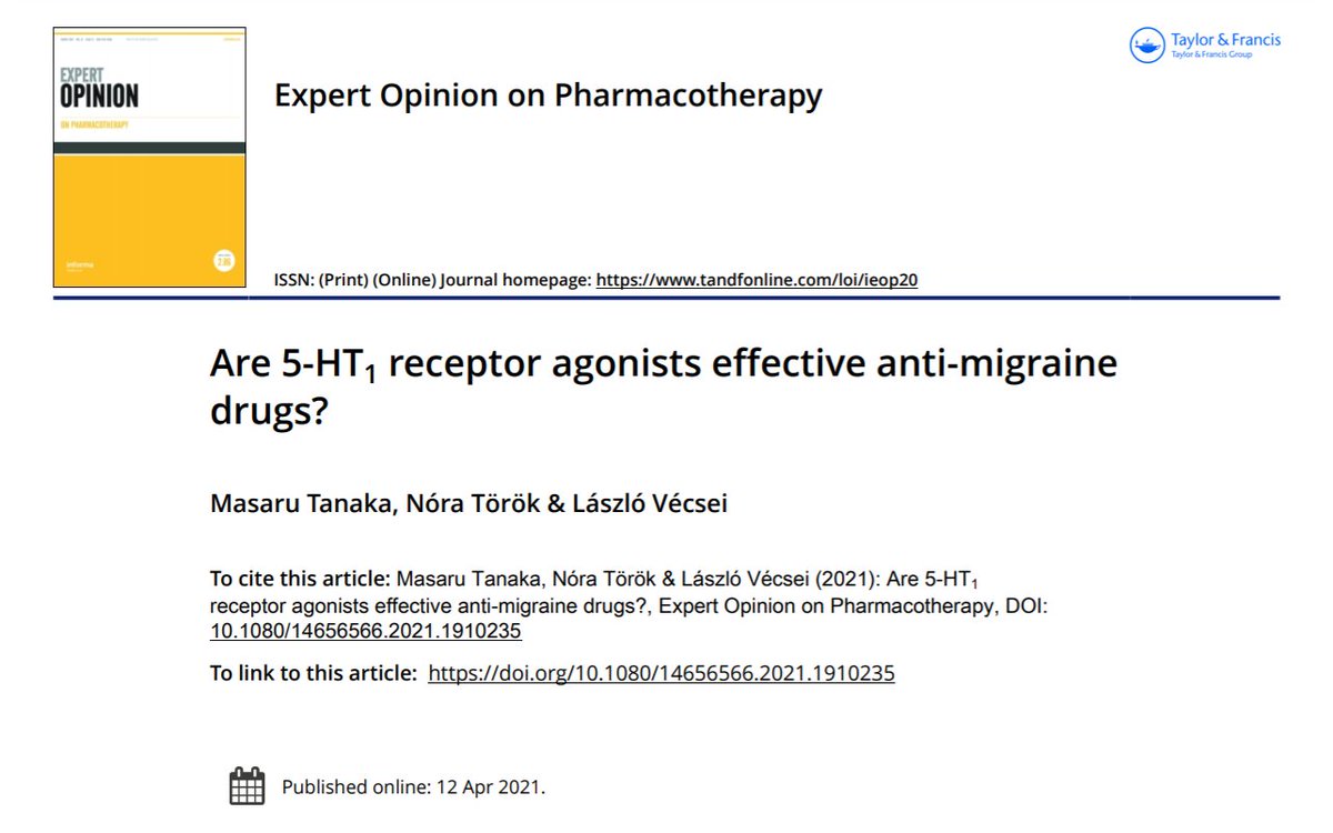 emtanaka's tweet photo. I am proud of presenting the Editorial “Are 5-HT1 receptor agonists effective anti-migraine drugs?” by Tanaka M et al. @Expert Opinion in Pharmacotherapy. Read more here: https://t.co/lPQPpT8LoD @Tylor & Francis #migraine #5-HT1 receptor #serotonin #triptan #ditan #kynurenine https://t.co/ffZWMInuFv