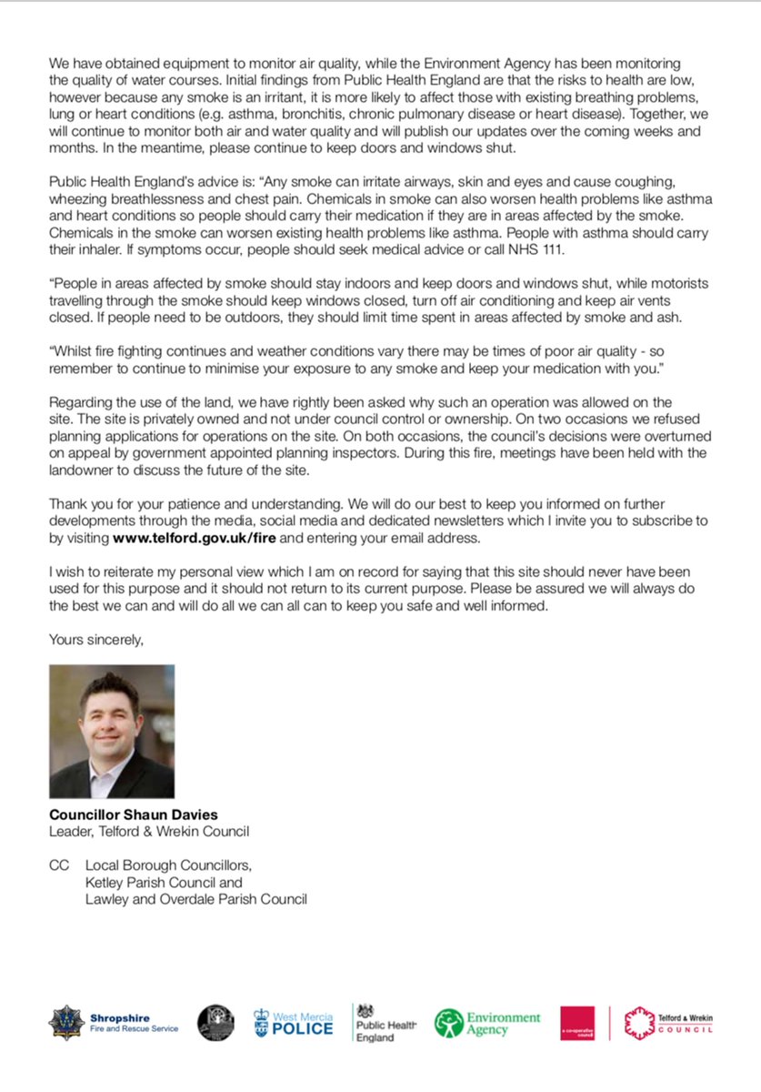 Letters from us have started to arrive at homes affected by the Greenway Polymers fire in Ketley. 

You can read it here to understand how we’re 
🤝 Working with partners to keep people safe
👩‍🚒 Bringing the incident to an end
📧 Register orlo.uk/b7d5I for updates