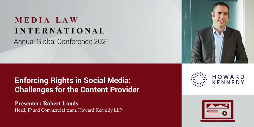 Join our Annual Global Conference on 22 June where #IPattorney Robert Lands of @HowardKennedy will provide the UK perspective on enforcing rights in social media: challenges for the content provider. Find out more and register ➡️ buff.ly/3gB3RCq #medialawint