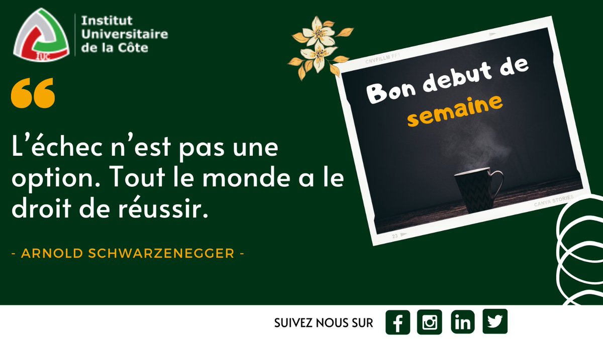 " L'échec n'est pas une option. Tout le monde a le droit de réussir. " Arnold SCHWARZENEGGER. 

Bon debut de semaine les amis.
 
#IUC #MondayMotivation
