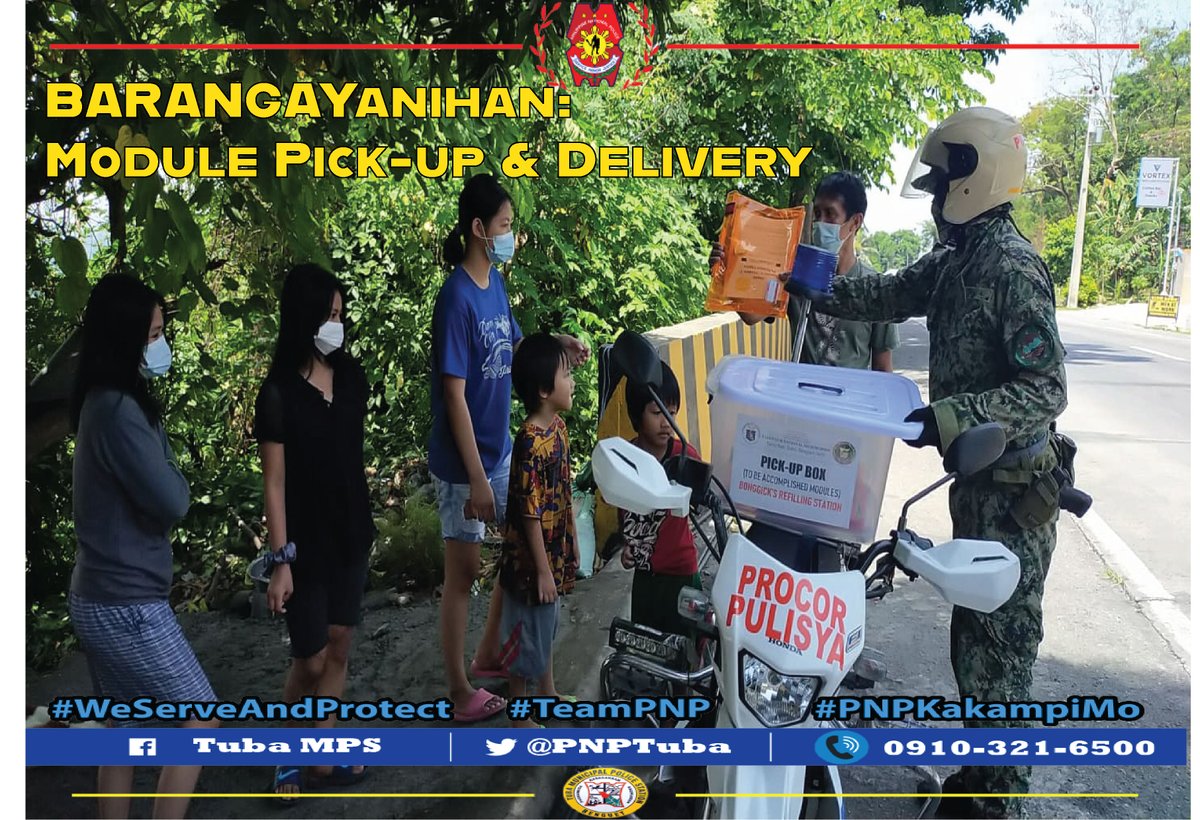 PNPTuba's tweet photo. Kinuha at hinatid mismo ng mga Kapulisan ng Tuba na nakatalaga sa Quarantine Control Point (QCP) Palina ang mga modyuls ng mga estudyante ng Taloy Sur National High School. https://t.co/N3tIowxELQ