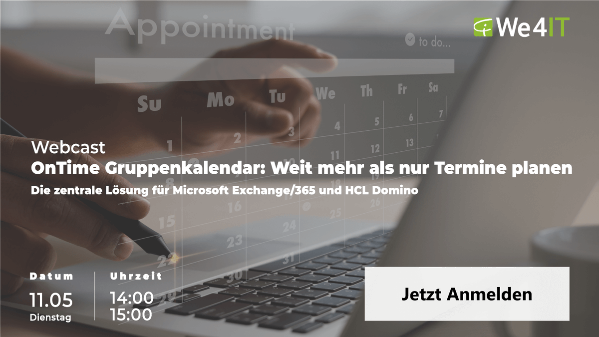 Einladung zum #Webcast - MORGEN - 11. Mai: OnTime Gruppenkalender - Die zentrale Lösung für #Microsoft365 und #HCL #Domino 

„People Power Your Business, Connections Powers Your People, #OnTime Powers Connections”

Kostenfreie Anmeldung: bit.ly/2R06fYY