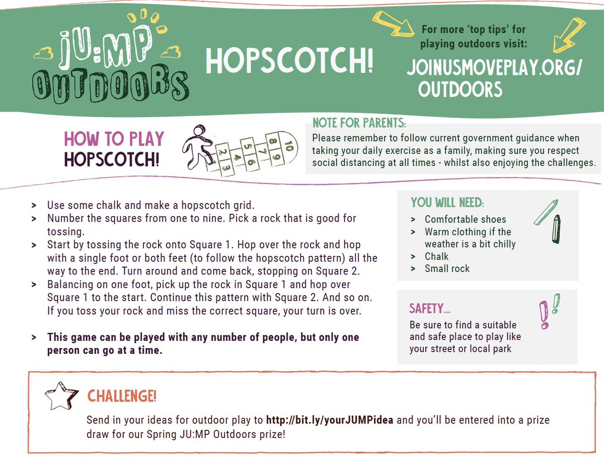 JoinUsMovePlay's tweet photo. Week 11 JU:MP challenge! Can you play hopscotch? Remember Kids can submit their own outdoor play ideas at https://t.co/zX6RiD9U7V &amp; have the chance to win outdoor equipment through our spring prize draw because #OutdoorPlayMatters #playfirst! https://t.co/ujojRdmvU3