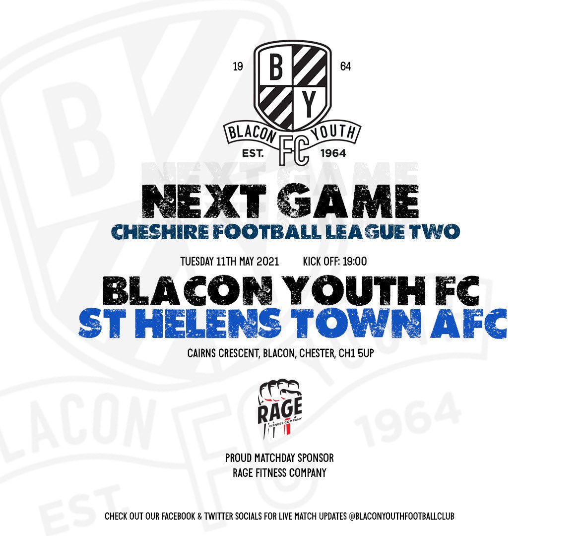Blacon Youth FC (@blacon_youth) on Twitter photo ⚫️⚪️ <a href="/CheshireFL/">Cheshire Football League ⚽️</a> 2 ⚫️⚪️
Blacon Youth FC Vs <a href="/STHTownAFCRes/">St Helens Town Cheshire Reserves</a>
When: Tuesday 11th May
Time: 19:00
Match proudly sponsored by <a href="/RageFitnessComp/">Rage Fitness Wellbeing Group</a>
Huge mid week clash for our lads as we welcome a very good St. Helens Town to cairns. ⚫️⚪️ <a href="/CheshireFL/">Cheshire Football League ⚽️</a> 2 ⚫️⚪️
Blacon Youth FC Vs <a href="/STHTownAFCRes/">St Helens Town Cheshire Reserves</a>
When: Tuesday 11th May
Time: 19:00
Match proudly sponsored by <a href="/RageFitnessComp/">Rage Fitness Wellbeing Group</a>
Huge mid week clash for our lads as we welcome a very good St. Helens Town to cairns.