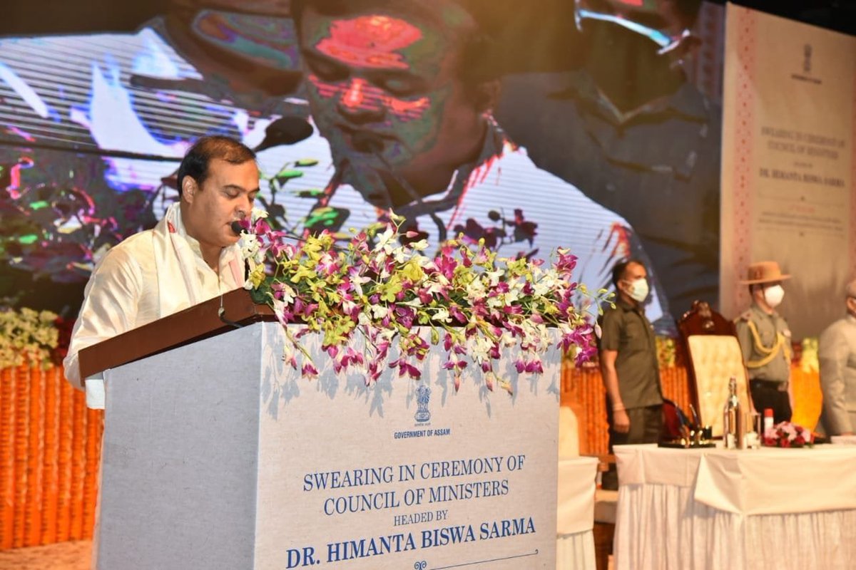 AmitShah's tweet photo. Congratulations to Shri @himantabiswa ji on being sworn-in as the Chief Minister of Assam and all those who took oath today.

I am confident that under PM @NarendraModi ji’s guidance and your leadership, the state of Assam will set a new benchmark of peace, progress &amp; prosperity. https://t.co/DCTLZLy7Sn