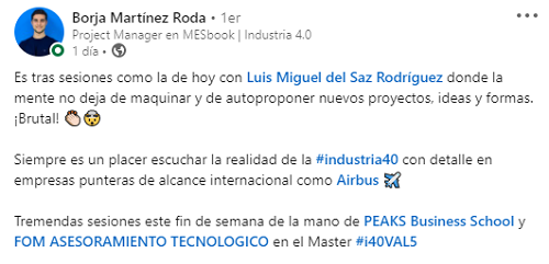 💭"Un placer escuchar la realidad de la #Industria40 con detalle en empresas punteras... Tremenda sesión" | 🙏Gracias <a href="/borjamroda/">Borja Martínez Roda</a> por tu comentario de la clase de <a href="/LuisMidelsaz/">Luis Miguel del Saz</a> sobre logística 4.0 | #i40VAL en <a href="/peaksbusiness/">PEAKS Business School</a>