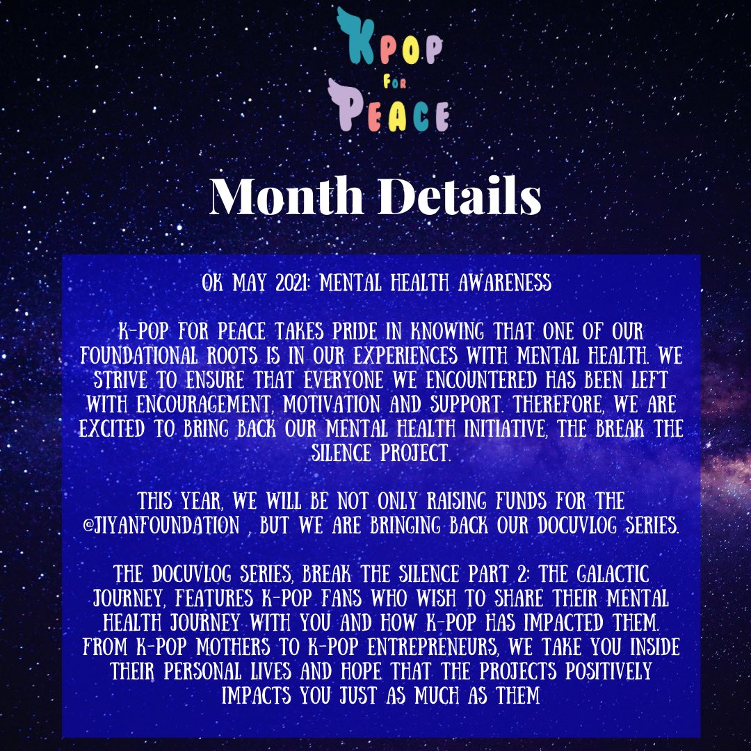 kpopforpeace's tweet photo. Please join us as we once again tackle the mental health barrier during the Month of May, while raising funds for the @JiyanFoundation 

#foryou #explorepage #mentalhealth #mentalhealthawarenessmonth #jiyanfoundation #thek4pmovement #kpopfansforchange #kpopfans https://t.co/8k6VJCxnbt