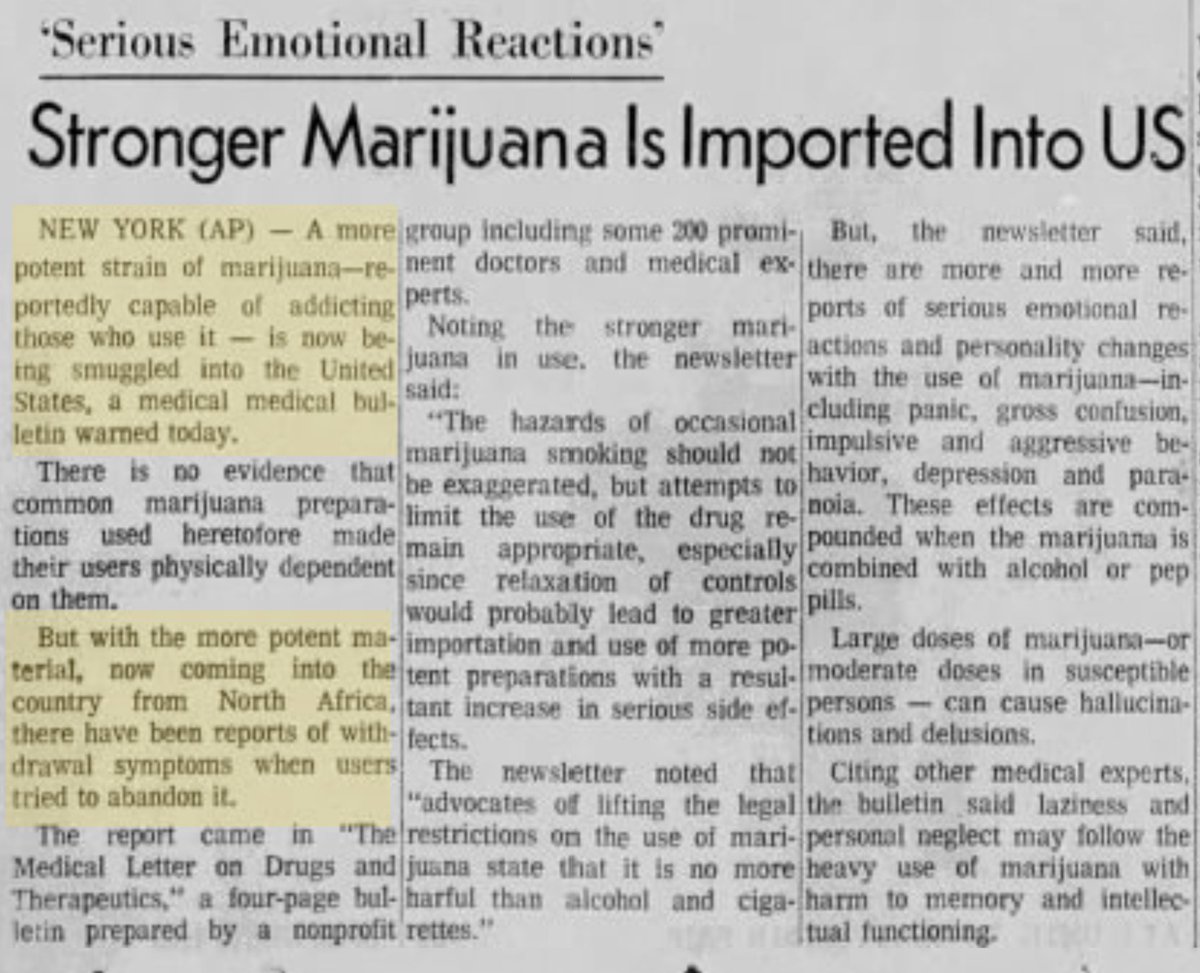 11. Here's an article from 1967 warning about a "more potent strain of marijuana... capable of addicting those who use it."Experts warned against legalization because this new stuff was so strong! Unlike the weak weed from the '50s... https://www.newspapers.com/clip/77415418/the-sacramento-bee/