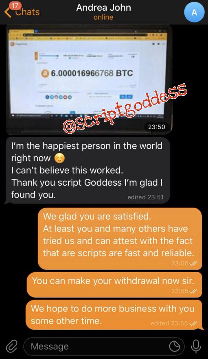 bitcoin_scripts's tweet image. Testimony from a client on Telegram.  To get reliable Scripts DM @scriptGoddess