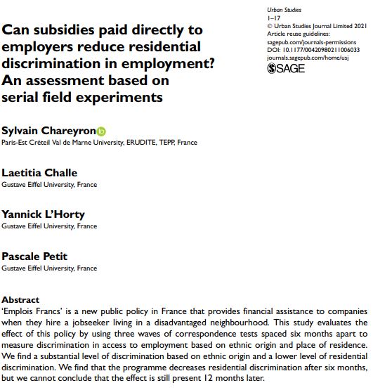USJ_online's tweet photo. Latest study by @Sylvain83253143 et al evaluates the effect of the 'Emplois Francs' policy in France using serial field experimentation.  #labour #discrimination https://t.co/bSJhOp1sqF https://t.co/Qwg0JIRflj