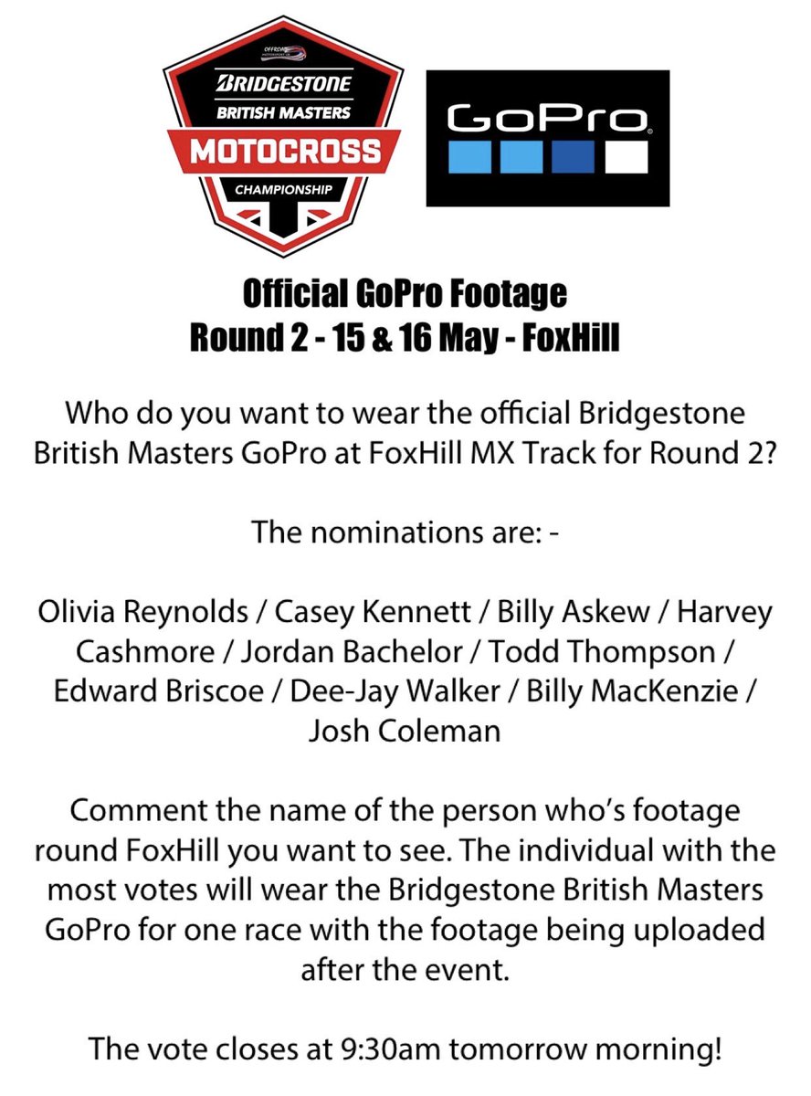 BBM_MX's tweet photo. The vote is now live for the Bridgestone British Masters GoPro for Round 2 at FoxHill https://t.co/CIZt3r6Fuf
