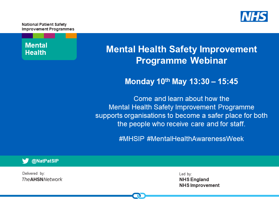 NatPatSIP's tweet photo. Join us at 1.30pm today to hear how the Mental Health Safety Improvement Programme is working to delivery the National Patient Safety Strategy and how we are supporting organisations to become safer places for both the people who receive care and for staff. #MHSIP https://t.co/5IT2YxPPAi