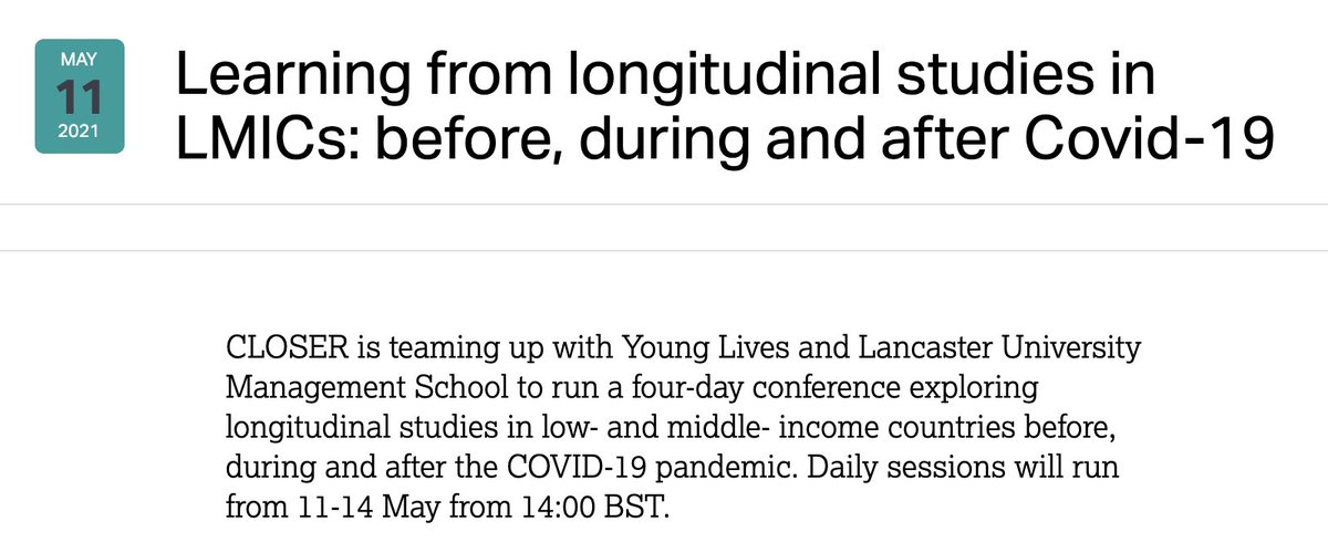 CLOSER_UK's tweet photo. ๐Our joint conference with @yloxford & @LancasterManage starts tomorrow!
Every afternoon from 14:00 from 11-14 May, we'll be exploring #longitudinal studies in low- & middle- income countries before, during & after COVID-19.
Learn more and register: https://t.co/wB1qRvgOV4 https://t.co/DBIoIKx5ce