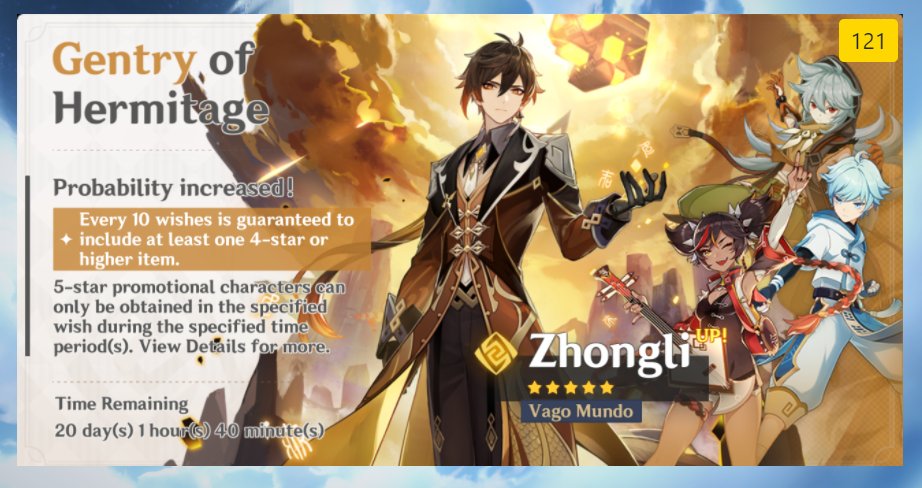 ZHONGLI: 121 rolls in total(i gave up after a few minutes and just played guizhong's lullaby and he came right away )