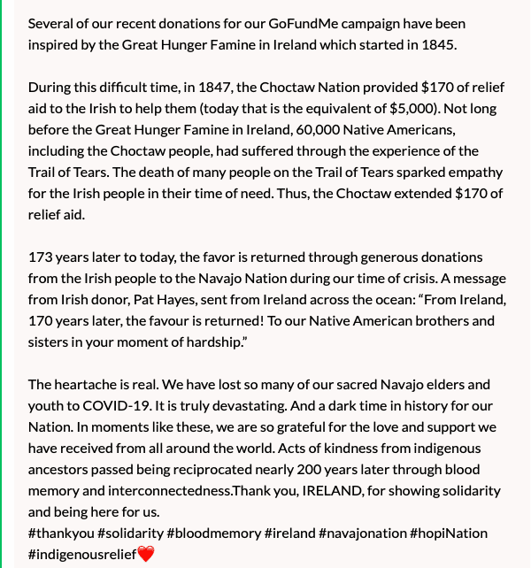 irelandcalling1's tweet photo. Last year the Navajo and Hopi nations, already suffering extreme poverty started suffering extra hardship as a result of the COVID-19 pandemic.

They never expected to receive donations from Ireland.

Read the article: Repaying The Choctaw Generosity
▸ https://t.co/yAoADFYyuQ https://t.co/VPr1h74zvc