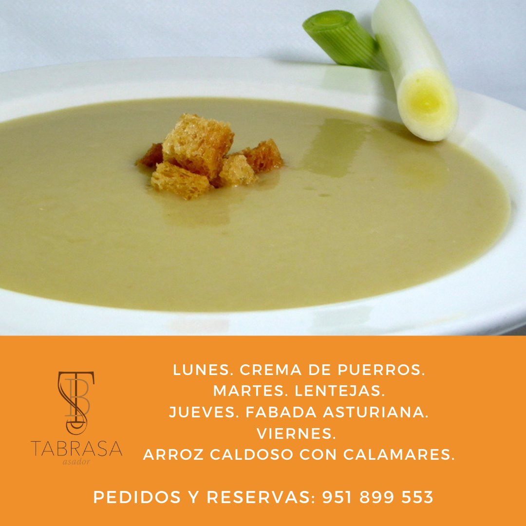 Los lunes son más llevaderos con la cuchara por delante... ¿Que no? 😉
Reservas y pedidos para llevar: 951 899 553

#cuchara #cremapuerros #puerros #cocido  #arrozcaldoso #fabada #lentejas #cuchareo #arrozcaldoso #tabrasa #carnes #parrilla #parallevar #sanpedro #terraza #vino