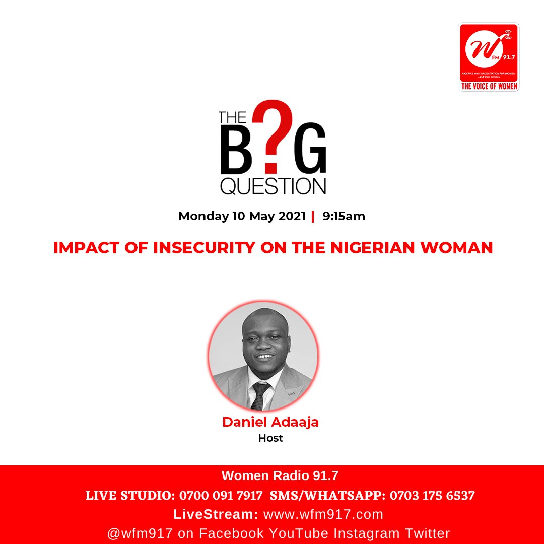 wfm917's tweet photo. Insecurity on the Nigerian Woman
.
#TheBigQuestion with @danpowertouch
.
#wfm917
#womenradio917
#securityinnigeria
#safetyfirst
#safeguardingeveryday
#secureourchildren
#insecurity
#thegirlchildmatters https://t.co/b2Tb3tG1JB