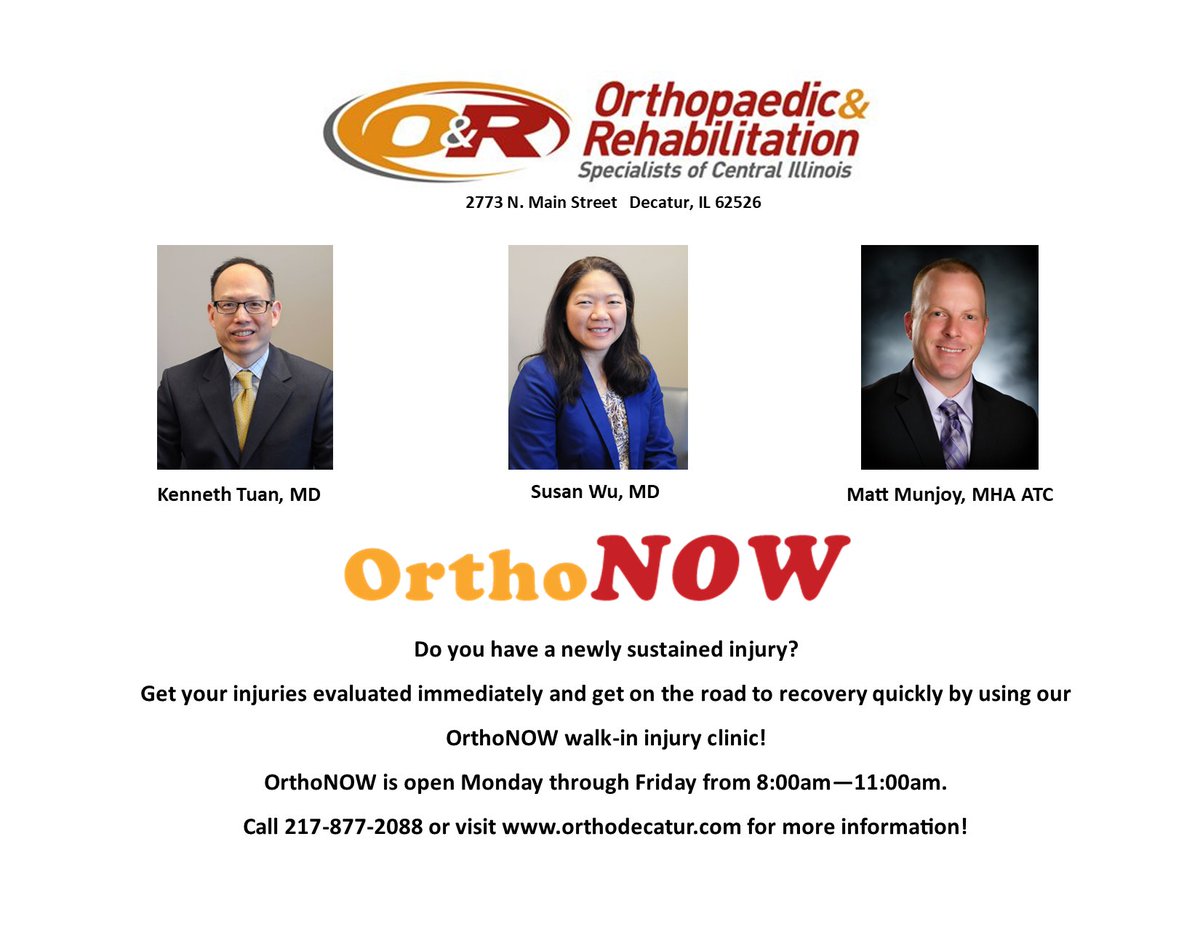 ORSCI_Decatur's tweet image. From treatment of musculoskeletal injuries to concussion management and the OrthoNOW walk-in service, Dr. Susan Wu, Dr. Kenneth Tuan, and our staff are here to ensure you have a positive outcome from your injury. Call 217-877-2088 or visit orthodecatur.com for more info.