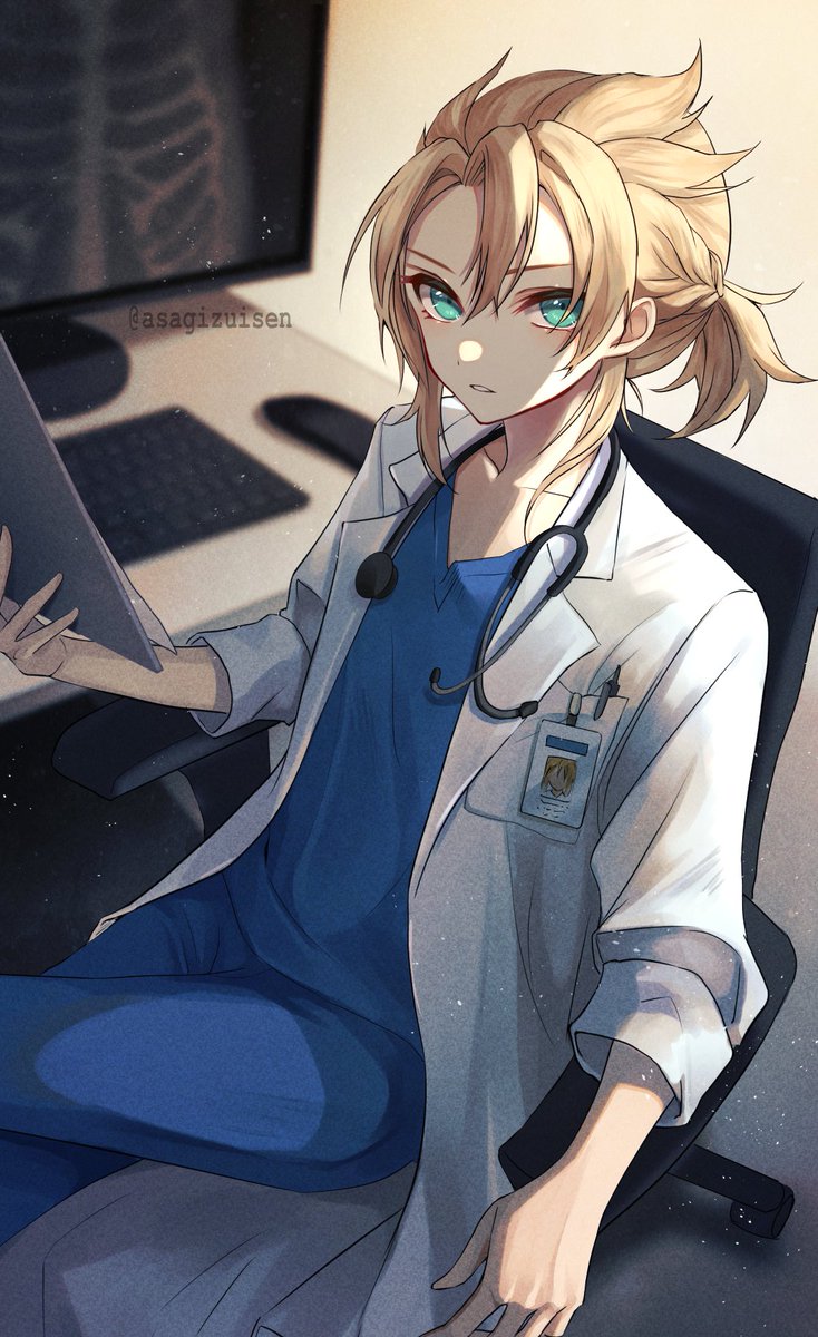 albedo (genshin impact) doctor stethoscope 1boy male focus solo blue shirt shirt  illustration images