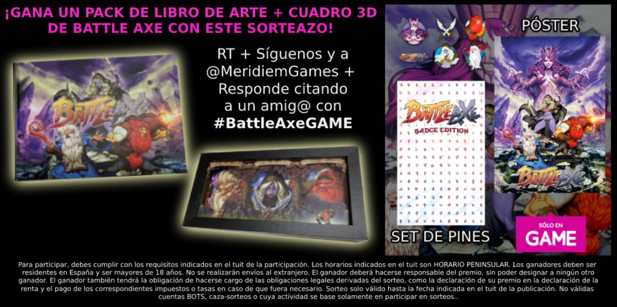 ⚔ ¡GANA este PACK de LIBRO DE ARTE + CUADRO 3D de #BattleAxe! ⚔

➡ RT.
➡ Síguenos, y a <a href="/MeridiemGames/">Meridiem</a>.
➡ Responde citando a un amig@ con #BattleAxeGAME.
➡ Participa hasta el 16/05 a las 23:59h.

¡Consigue el juego con PÓSTER exclusivo en GAME! 👇
bit.ly/3b7d7uG