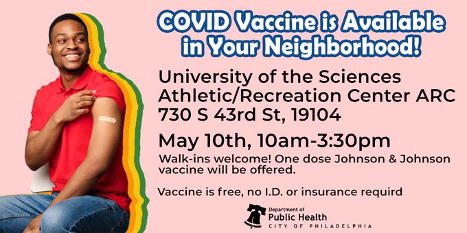 PHLPublicHealth's tweet photo. WEST PHILLY! 

#VaxUpPhilly TODAY at our University of the Sciences Vaccination Center located at 835 S. 43rd St, Philadelphia PA, 19143. Schedule your appt or walk-up. This is a J&amp;J clinic. 

AM appts: https://t.co/BWKSJCAEEi
PM appts: https://t.co/JKZLWOyiYH https://t.co/dXWyxeHE1K
