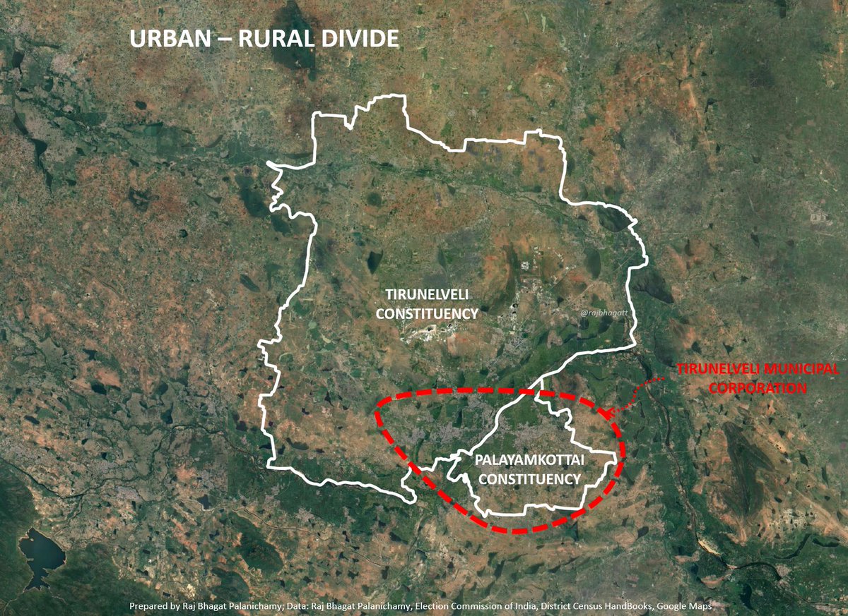 Apart from communal polarization, the constituency results are affected by Urban-Rural divide also.Tirunelveli&Palayamkottai both belong to  #Tirunelveli City but when 2 constituencies were to be created, Villages were added to tirunelveli creating another polarizing divide22/n