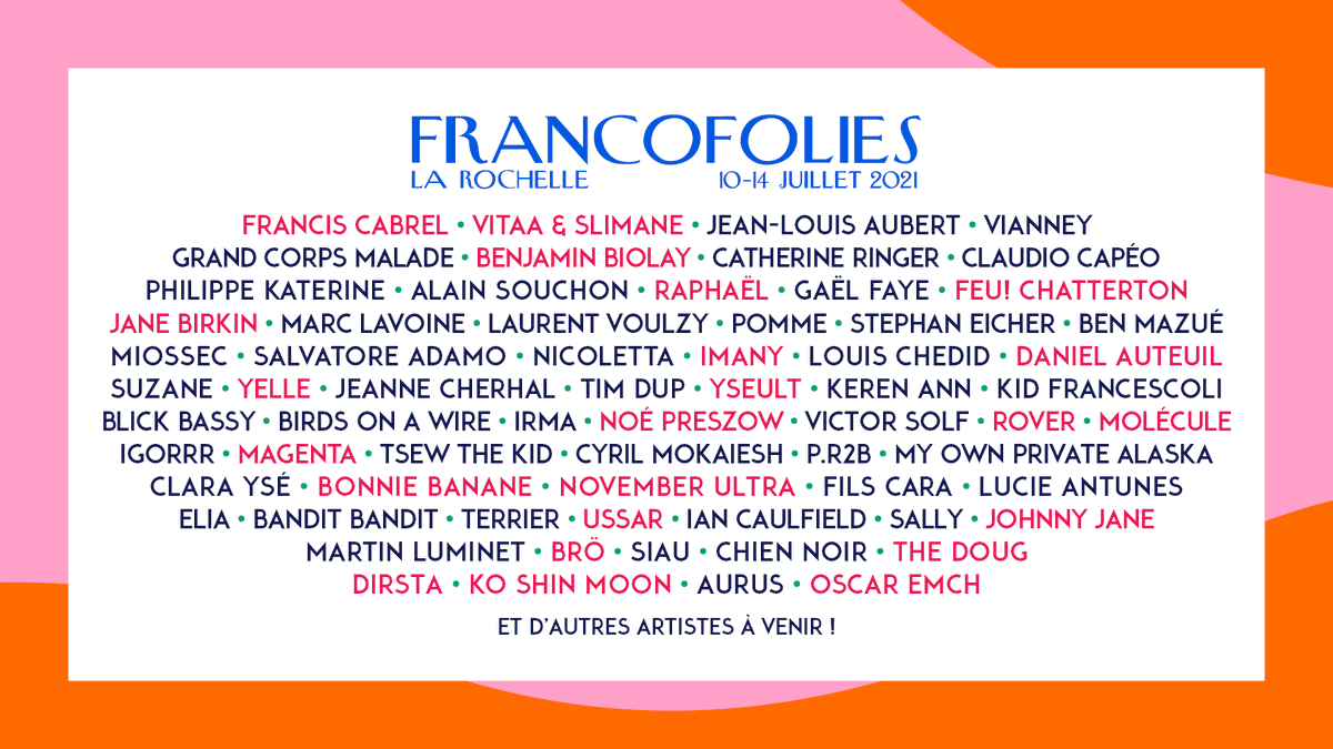 francofolies's tweet photo. 2021, Les Francofolies résistent ! Depuis plusieurs semaines, toute l’équipe se bat pour qu’elles aient lieu et nous ne sommes pas seuls puisque Francis Cabrel • @VITAA &amp; @Slimaneoff •  @_benjaminbiolay  • @RaphaelHaroche  • @FeuChatterton • @JaneBirkinOff  • @Imanyofficiel https://t.co/vXJ8eDKysh