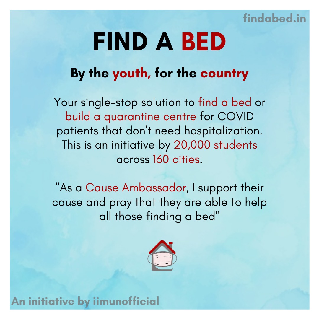 Boman Irani (@bomanirani) on Twitter photo The country’s first information repository on beds. You can find your nearest COVID centre and also help build one! Glad to do my bit as a Cause Ambassador for an initiative that is by the youth, for the country!
findabed.in
<a href="/findabed_in/">findabed.in</a> <a href="/iimunofficial/">I.I.M.U.N.</a> The country’s first information repository on beds. You can find your nearest COVID centre and also help build one! Glad to do my bit as a Cause Ambassador for an initiative that is by the youth, for the country!
findabed.in
<a href="/findabed_in/">findabed.in</a> <a href="/iimunofficial/">I.I.M.U.N.</a>