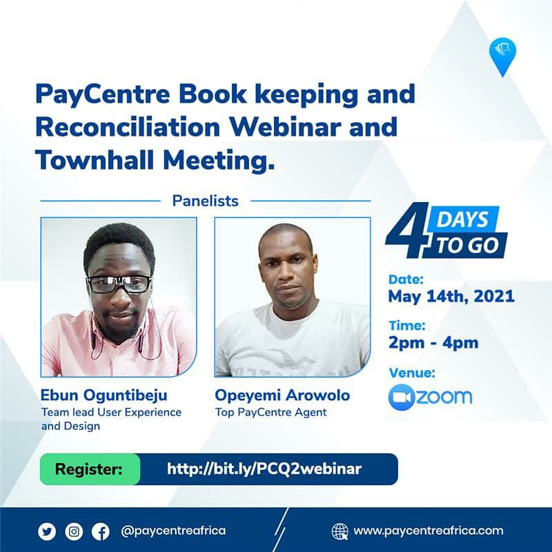 paycentreafrica's tweet photo. Dear Partner, it's 4 days to go! Join on Friday, May 14, 2021 for our #PCWebinar as we share information that will be beneficial to you and your business. We will also be having our townhall meeting then. Not registered yet? Register now at https://t.co/hAWCWrGZos.
#PayCentre https://t.co/vwDQhddSkT