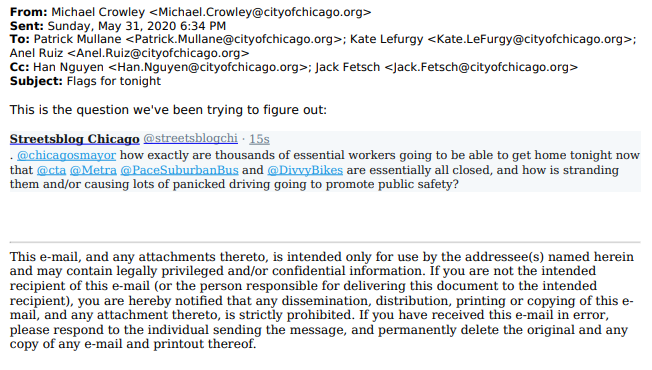 JonesDayDump's tweet photo. Re: a @streetsblogchi ask for safe transit w/ CTA closed

"Adding Susan here. I’m nervous CPD may not let rideshare in/out through barriers as they’re
worried anarchists could pose as uber/Lyft drivers. So we have to find a way to develop a system
here."

https://t.co/KlrDkNLCH0 https://t.co/GF9v2vs90y