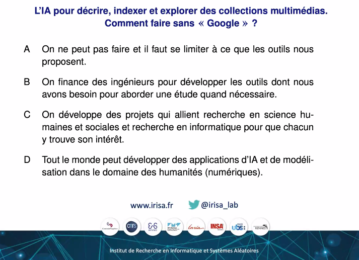 HumanisticaDH's tweet photo. Belle conférence de Guillaume Gravier @irisa_lab  ! Belle incitation à davantage de recherches interdisciplinaires ! #Humanistica2021 https://t.co/959Mj7ecF9
