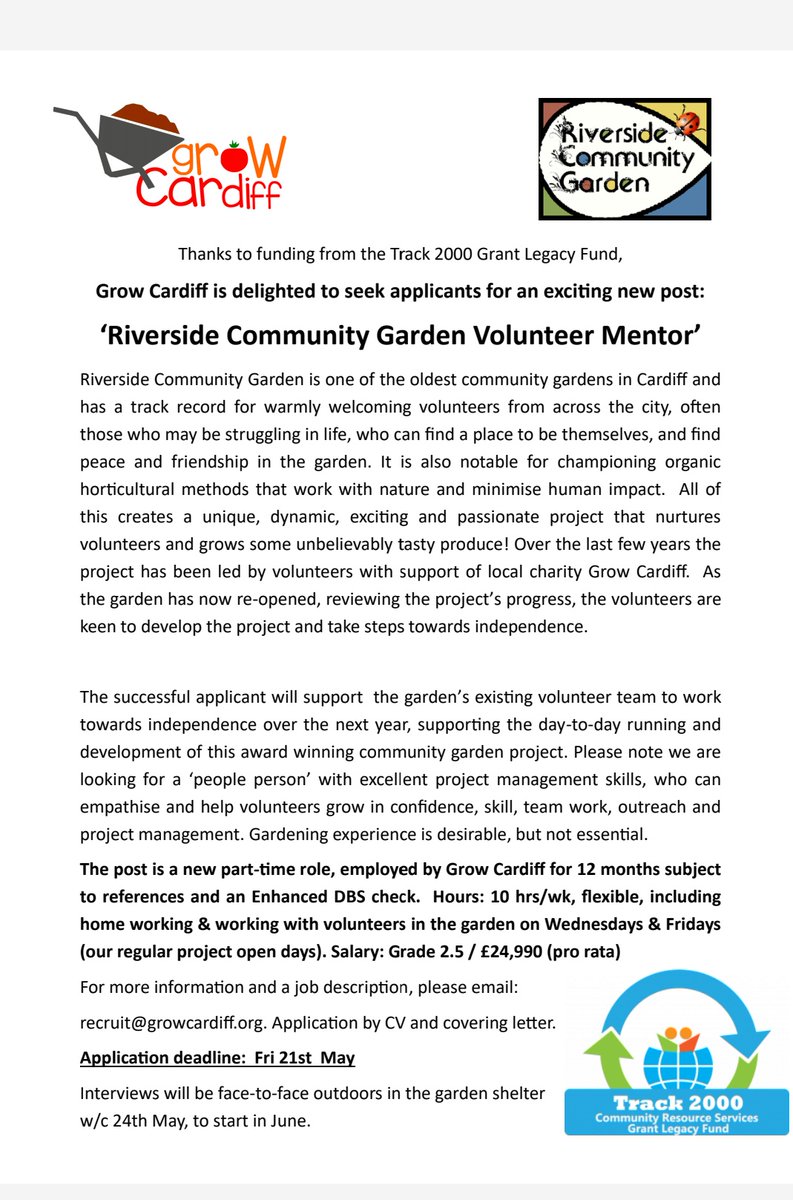 Grow Cardiff Tyfu Caerdydd (@growcardiff) on Twitter photo Grow Cardiff is growing! Thanks to funding from the Track 2000 Grant Legacy Fund we're delighted to be recruiting for a Volunteer Mentor at the award winning Riverside Community Garden. For more info email:recruit@growcardiff.org Grow Cardiff is growing! Thanks to funding from the Track 2000 Grant Legacy Fund we're delighted to be recruiting for a Volunteer Mentor at the award winning Riverside Community Garden. For more info email:recruit@growcardiff.org
