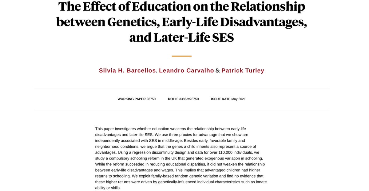 Patrick Turley (@patrickaturley) on Twitter photo New working paper with <a href="/SilviaHBarcell1/">Silvia H Barcellos</a> and <a href="/leandroscarvalh/">Leandro Carvalho</a> "The Effect of Education on the Relationship between Genetics, Early-Life Disadvantages, and Later-Life SES" nber.org/papers/w28750 New working paper with <a href="/SilviaHBarcell1/">Silvia H Barcellos</a> and <a href="/leandroscarvalh/">Leandro Carvalho</a> "The Effect of Education on the Relationship between Genetics, Early-Life Disadvantages, and Later-Life SES" nber.org/papers/w28750