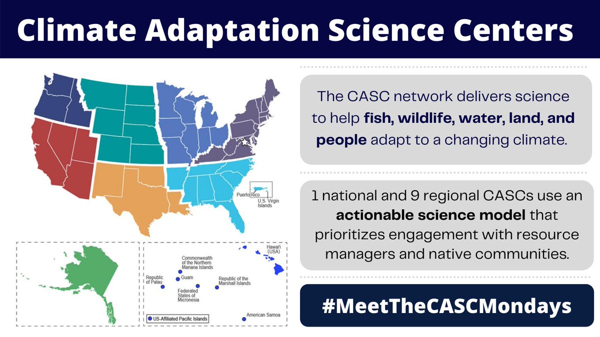 usgs_climate's tweet photo. On our first #MeetTheCASCMondays, meet the Climate Adaptation Science Center (CASC) network! The CASCs deliver #science to help fish, wildlife, water, land, and people across the country adapt to #ClimateChange. https://t.co/6ctb8m6FWd
#CASCAdapt #UsgsClimate #ActionableScience https://t.co/xxFq0bh6u8