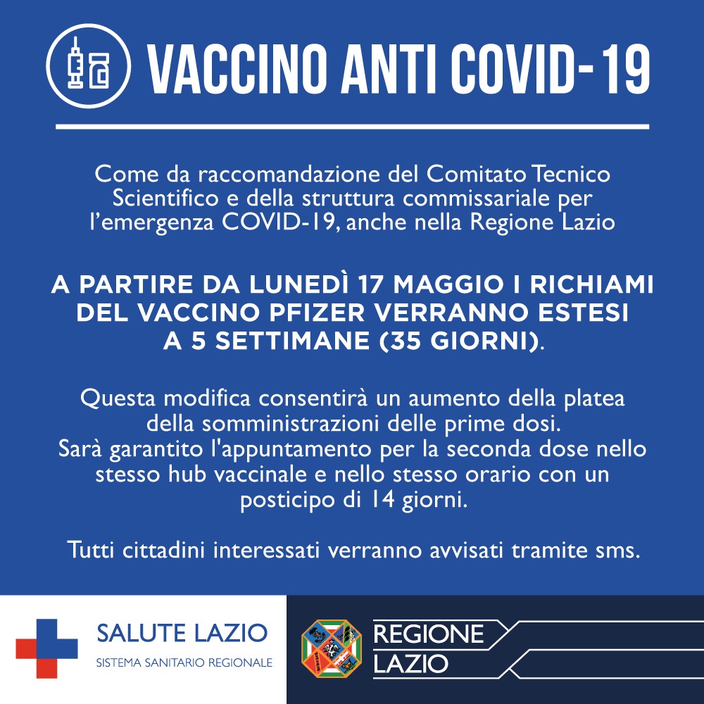 1| A partire dal lunedì 17 maggio saranno estesi i richiami del vaccino Pfizer a 5 settimane, ossia 35 giorni. 
Tutti gli interessati verranno avvisati in anticipo via SMS.